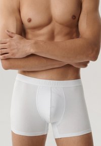 Białe bawełniane bokserki z miękkim pasem w talii, na którym wytłoczone jest logo "ATLANTIC", dopasowane, o gładkiej fakturze.