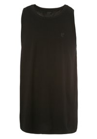Schwarzes ärmelloses Tanktop mit rundem Ausschnitt, aus weichem Stoff, mit einem kleinen Logo auf der Vorderseite. Glatte Textur, gerader Schnitt.