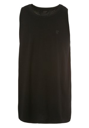 Sort ærmeløs tank top med rund halsudskæring, lavet af blødt stof, med et lille logo foran. Glat tekstur, lige snit.