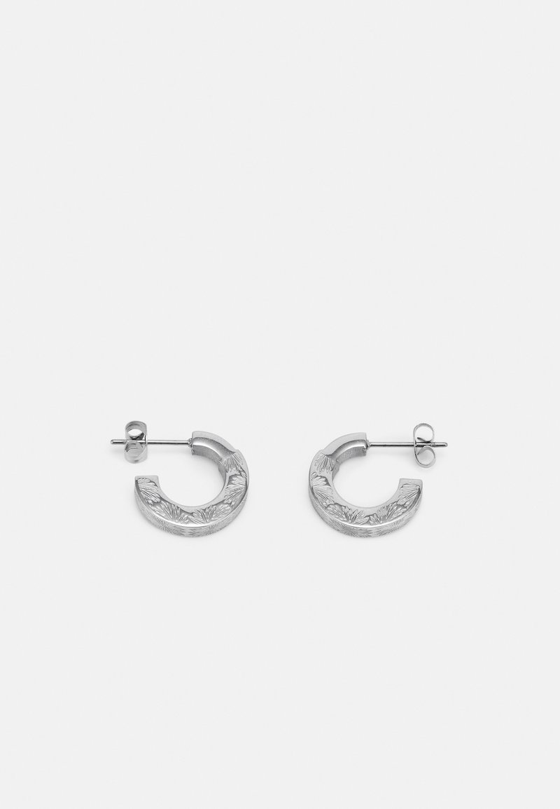 Silver hoop earrings with a textured floral pattern, featuring a post backing and a circular shape. Smooth finish with detailed engravings.