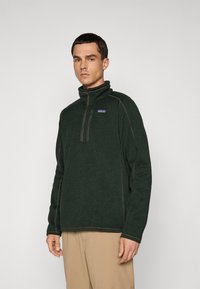 Ungdommelig mann iført mørkegrønn Patagonia fleece genser med kvart glidelås og beige bukser, stående mot en enkel lys bakgrunn.