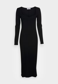 Schwarzes Langarmkleid in taillierter Form, mit quadratischem Ausschnitt, glatter Textur und bodenlanger Silhouette.