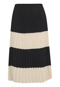 Skládaná sukně s střídavými černými a krémovými pruhy, s elastickým pasem a lehkou látkou, která vytváří plynulý siluetu.