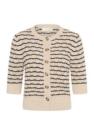 Cardigan bej tricotat cu dungi negre ondulate, mâneci scurte, decolteu rotund și șase nasturi maro pe partea din față.