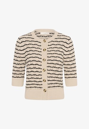 Beežist kootud kardigan musta lainelise triibuga, lühikeste varrukatega, ümmarguse kaelusega ja kuue pruunist nupuga ees.