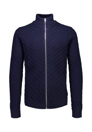 Marineblauwe ritstrui met hoge kraag, voorzien van een gestructureerd ruitpatroon en ribgebreide manchetten en zoom. Gemaakt van een gebreide stof.