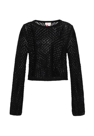 Sort strikket sweater med lange ærmer, åben vævemønster og rund halsudskæring, kort længde.