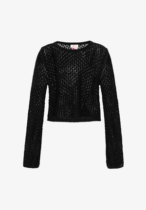 Pulover tricotat negru cu mâneci lungi, model cu țesătură deschisă și decolteu rotund, lungime scurtă.