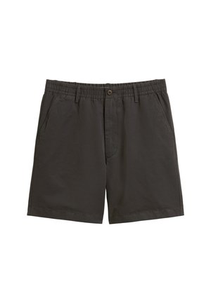 Dark gray cotton shorts with an elastic waistband, front pockets, and a button closure. The fabric is lightweight and smooth.