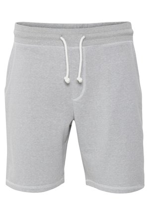 Pantalones cortos de algodón grises con cintura elástica, cordón y bolsillos laterales. Presentan una textura suave y costuras en contraste.