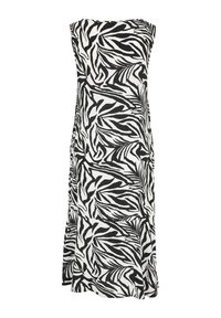 Schwarz-weißes, ärmelloses Kleid mit fließender Silhouette und Zebra-Print-Muster sowie einem weit ausgestellten Saum am unteren Ende. Hergestellt aus leichtem Stoff.