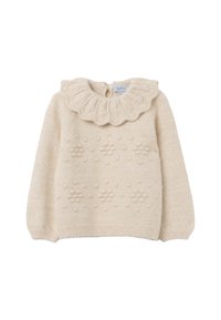 Cremfarbener Strickpullover mit einem Rüschenkragen, strukturiertem Bobble-Muster auf der Vorderseite und gerippten Bündchen und Saum.