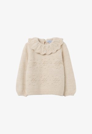 Cream knitted sweater with a ruffled collar, textured bobble pattern on the front, and ribbed cuffs and hem.