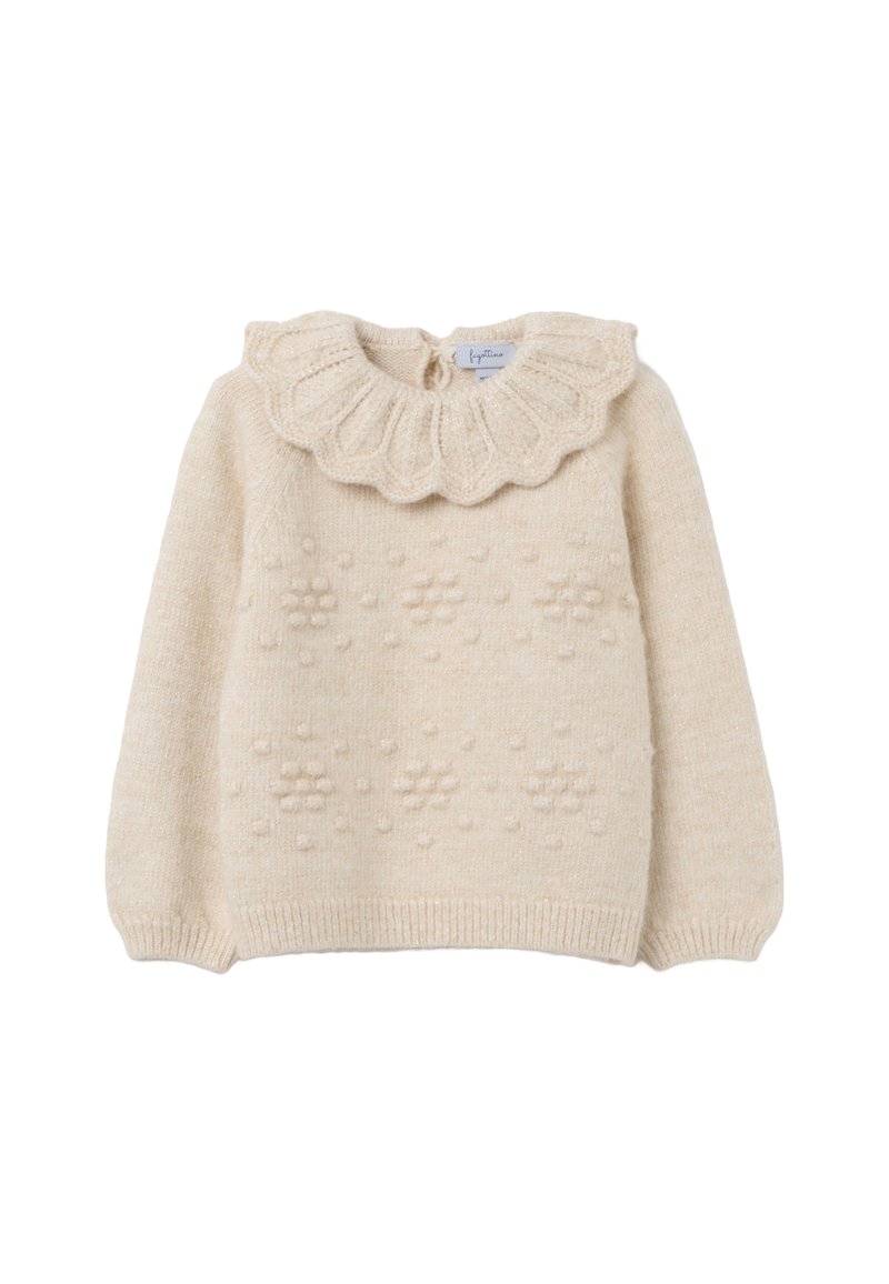 Cremfarbener Strickpullover mit einem Rüschenkragen, strukturiertem Bobble-Muster auf der Vorderseite und gerippten Bündchen und Saum.