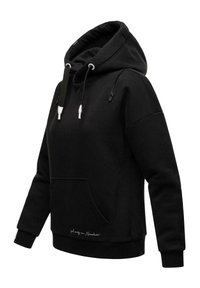 Sudadera negra con capucha que cuenta con un bolsillo delantero tipo pouch, detalles de cordón y puños y dobladillo acanalados. El material tiene un acabado suave y texturizado.