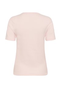 Růžové tričko s krátkým rukávem a kulatým výstřihem, vyrobené z vroubkované tkaniny, s čistým šitím a jednoduchým designem.