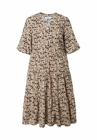 Bloemenprint jurk in beige met zwarte en marineblauwe patronen, korte mouwen, V-hals, gelaagde ruches aan de onderkant, gemaakt van lichte stof.