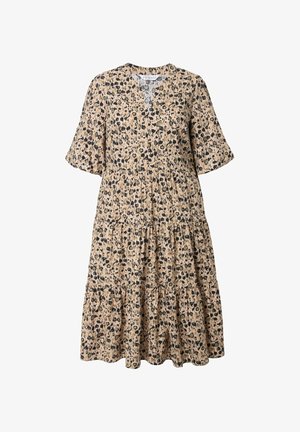 Kuvioitu kukkamekko beige, jossa mustat ja laivastonsiniset kuviot, lyhyet hihat, V-kaula-aukko, kerroksellinen röyhelöhelma, valmistettu kevyestä kankaasta.