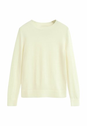 Pull en crème clair en maille douce avec un col rond et des manches longues. Dispose de poignets et d'un ourlet côtelés.