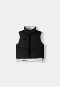 Black puffy vest with a high collar, zip front, and contrasting white interior. Features side pockets and a tapered design.