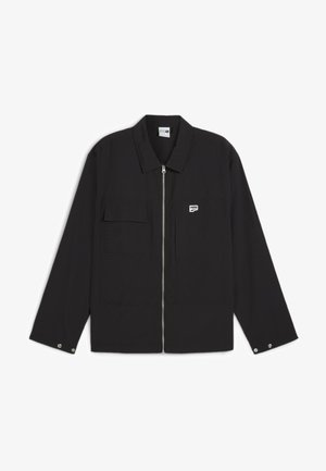 Black zip-up jacket featuring a point collar, two front pockets, and a small logo patch on the chest. Fabric has a smooth texture.