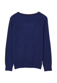 Marineblaues Pulli, lange Ärmel, runder Halsausschnitt, weiche Strickstruktur, gerippte Bündchen und Saum, schlichtes Design ohne Verzierungen.