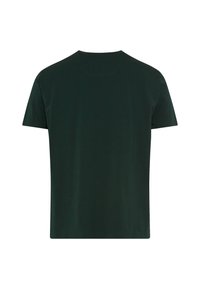 T-shirt a maniche corte, di colore verde scuro, realizzato in tessuto morbido. Presenta un classico collo a giro e una vestibilità comoda con una texture liscia.