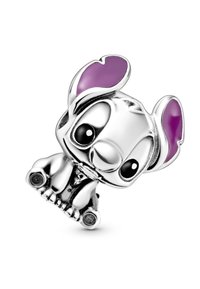 Ciondolo d'argento a forma di cane cartone animato con grandi orecchie viola, occhi neri e un corpo decorato con texture dettagliate, concentrato su espressione giocosa.