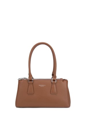 Brown leather handbag with dual top handles, silver zipper closure, and "DIANA&CO Firenze" logo on front center.