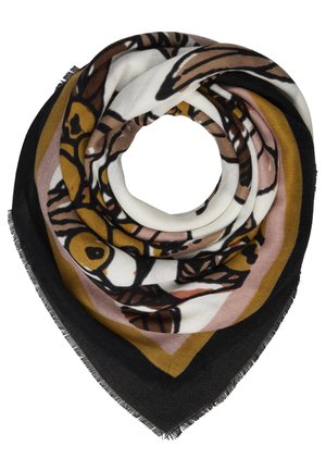 Kwadratowa chustka zwinięta w spiralę z abstrakcyjnymi kwiatowymi wzorami w czerni, bieli, musztardzie, różu i brązie, z frędzlami na brzegach.