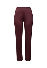 Burgundyröda stretchbyxor med elastisk midja, smal passform, slät textur och inga synliga fickor eller dekorationer.