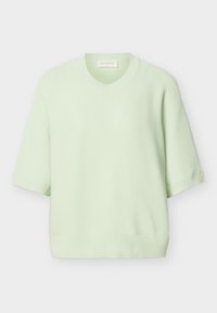 Ανοιχτοπράσινο πλεκτό πουλόβερ με κοντά μανίκια, στρογγυλή λαιμόκοψη και ριμπ μανσέτες και τελείωμα, παρουσιάζεται σε απλό λευκό φόντο.