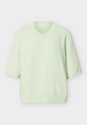 hele rohelise värvusega lühikeste varrukatega kootud kampsun ümmarguse kaelusega ning soonikkoes mansettide ja äärega, esitatud ühevärvilisel valgel taustal.