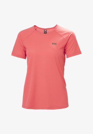 Koraalrode sport-T-shirt met korte mouwen en ronde hals, met "HH"-logo op de linkerborst, gemaakt van lichtgewicht ademende stof.