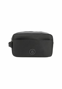Borsa rettangolare nera realizzata in materiale liscio, con una tasca frontale, chiusura con zip e logo in rilievo sulla parte anteriore inferiore.