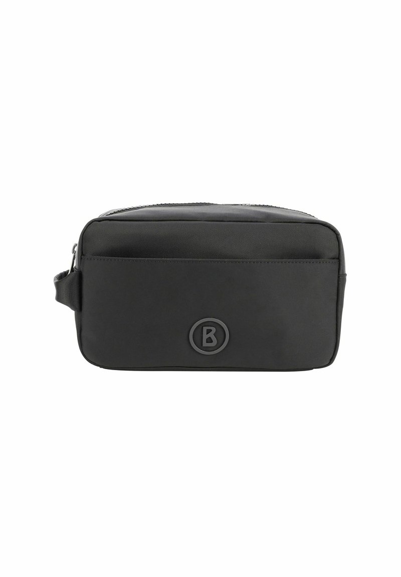 Borsa rettangolare nera realizzata in materiale liscio, con una tasca frontale, chiusura con zip e logo in rilievo sulla parte anteriore inferiore.