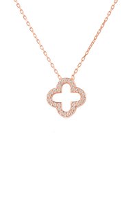 Rose gold necklace featuring a quatrefoil pendant adorned with clear rhinestones, suspended from a delicate chain.