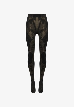 Leggings noirs ornés d'un motif floral doré et riche avec une texture scintillante. Conçus pour une silhouette ajustée et une couverture complète jusqu'aux chevilles.
