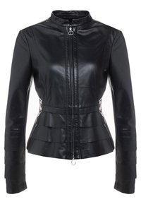 Black leather jacket with a sleek design, featuring a high collar, horizontal pleats at the waist, and zippered front closure.