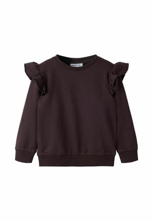 Sweat-shirt marron foncé à manches longues avec col rond et détails en tissu froncé sur les deux épaules, poignets et ourlet côtelés.