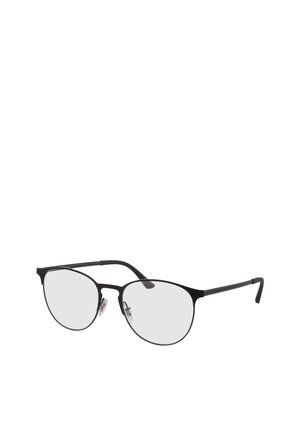 Schwarze dünne Metallbrille mit runden klaren Gläsern und verstellbaren Nasenpads, dargestellt vor weißem Hintergrund.