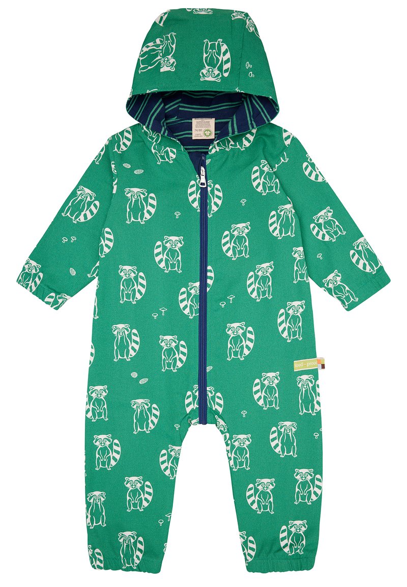 Grüner Reißverschluss-Overall mit wiederholtem Waschbärmuster, mit Kapuze und elastischen Bündchen. Die blau gefütterte Innenseite sorgt für einen Kontrast. Hergestellt aus strapazierfähigem Material.