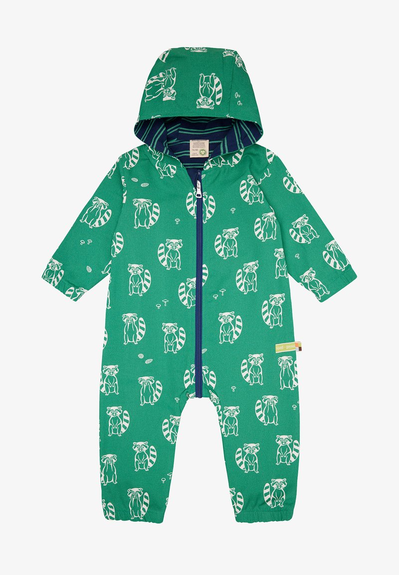 Tuta verde con zip, caratterizzata da un motivo a procione ripetuto, dotata di cappuccio e polsini elasticizzati. L'interno foderato in blu aggiunge un contrasto. Realizzata in materiale resistente.