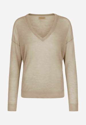 Beżowy lekki sweter z dekoltem w serek i długimi rękawami, z prążkowanymi mankietami i ściągaczem, prezentowany na jednolitym tle.