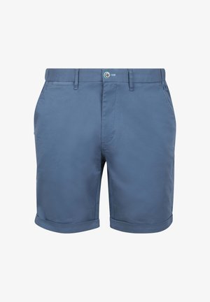Mannen blauwe shorts gemaakt van lichtgewicht stof, met een knoopsluiting, twee zijzakken en opgerolde zoom voor een casual uitstraling.