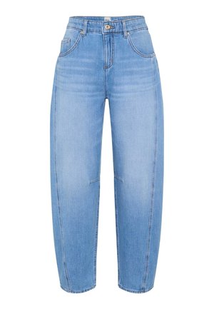 Hellblaue Jeans aus Denim mit hoher Taille, weiter Beinform und Vordertaschen. Mit dezenter Ausbleichung und Kontrastnähten.