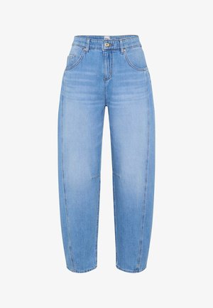 Lichtblauwe denim jeans met een hoge taille, brede pijpen en voorzakken. Voorzien van subtiele vervaging en contrasterende stiksels.