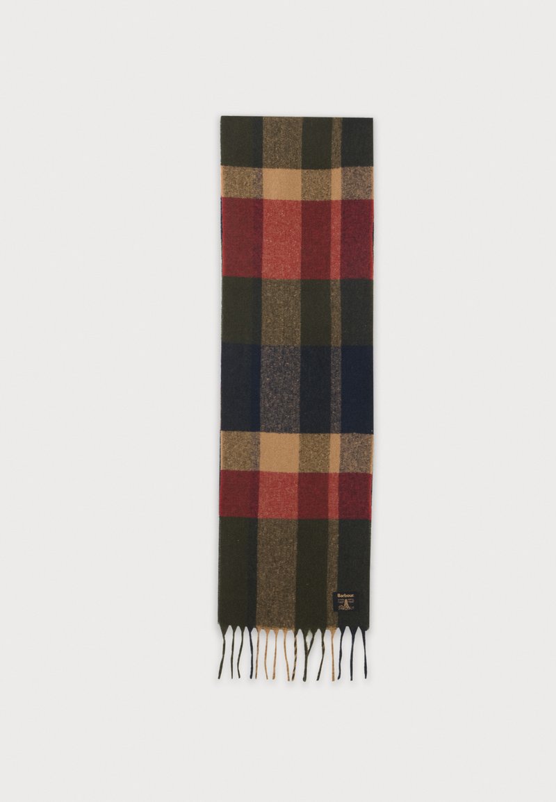 Écharpe en laine avec grand motif à carreaux en vert foncé, rouge, marine, beige et marron, avec extrémités à franges et une petite étiquette de marque.