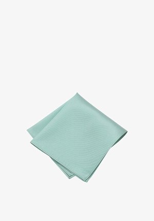 Light blue cloth napkin with a textured surface, square shape, and slightly folded edges. Made of fabric, featuring subtle ribbed patterns.