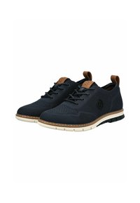 Dunkelblaue Sneakers aus Mesh-Material, mit einem strukturierten Design, braunen Lederelementen und einer weißen Gummisohle mit Rillen für besseren Halt.